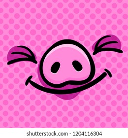 Pig is a symbol of 2019 new year. Happy squinting pig face on pink background in pop art style. Vector illustration.