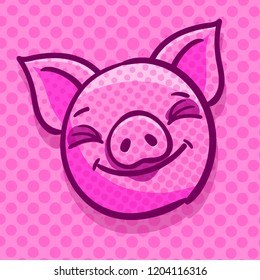 Pig is a symbol of 2019 new year. Head of the Pig in pop art style on pink background. Vector illustration.