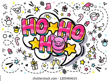 Pig is a symbol of 2019 new year. Happy squinting pig face on white background with Ho-ho-ho message in pop art style. Vector illustration.