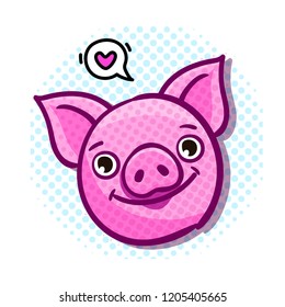 Pig is a symbol of 2019 new year. Head of the smiling Pig in pop art style. Vector illustration.