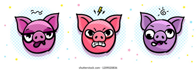 Pig is a symbol of 2019 new year. Head of the Emoji Pig in pop art style. Vector illustration.