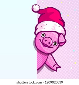 Pig is a symbol of 2019 new year. Smiling cute Pig in pop art style with space for text on pink background. Vector illustration.