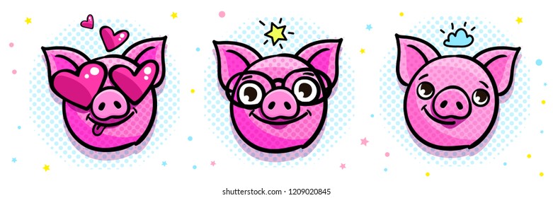 Pig is a symbol of 2019 new year. Head of the Emoji Pig in pop art style. Vector illustration.