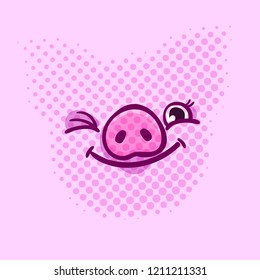 Pig is a symbol of 2019 new year. Happy winking Pig face on pink background in pop art style. Vector illustration.