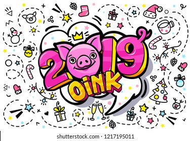 Pig is a symbol of 2019 new year. Smiling cute Pig with 2019 on white background in pop art style . Vector illustration.