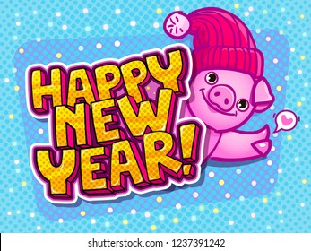 Pig is a symbol of 2019 new year. Smiling cute Pig in a hat showing thumbs up in pop art style with Happy New Year message on blue background. Vector illustration.