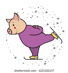 Pig, the symbol of 2019. running on skates. Skater runs on skates. Winter sports on ice. Surrounded by hand drawn snowflakes. Isolated on white background. Vector illustration. 

