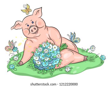 Pig. Symbol of 2019. Spring, summer lawn with flowers and butterflies.