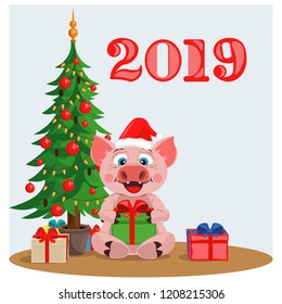 The pig is the symbol of 2019. Pig under the tree with presents.