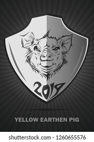 Pig - a symbol of 2019. Year yellow earth pig. Black and white emblem in the form of a pig head on the shield. Vector illustration