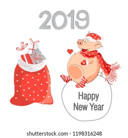 Pig is the symbol of Chinese 2019. Joyful pig looks at the bag with gifts. Christmas card or banner pig and gift. Vector illustration of year of the yellow pig