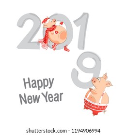 The pig is a symbol of Chinese 2019. Pigs are preparing for the new year. Christmas card or banner. Vector illustration of year of the Yellow Pig