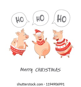 The pig is a symbol of Chinese 2019. Three cheerful little pigs sing a song. Christmas card or banner. Vector illustration of year of the Yellow Pig