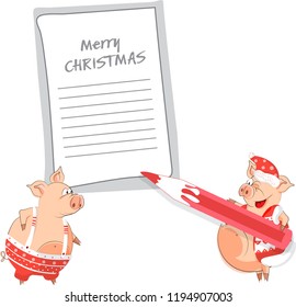 The pig is a symbol of Chinese 2019. The pig is writing a congratulatory letter. Christmas card or banner. Vector illustration of year of the Yellow Pig