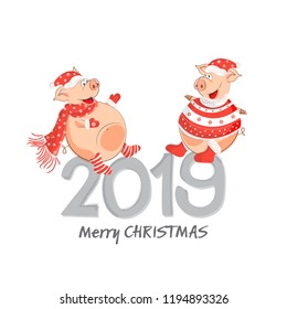 Pig is the symbol of Chinese New 2019. Friends pigs happy onset of the holiday. Style comics, cartoons. Christmas card or banner cute piglets. Vector illustration on white background