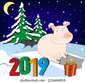 A pig - symbol of the Chinese new 2019 - sitting on a background of snow-covered fir trees on New Year's Eve. Vector illustration.