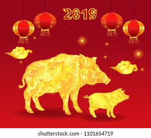  Pig is symbol of Chinese New Year 2019, golden silhouette wild boar with a little piglet and red lanterns. Red background for congratulations and greeting card.