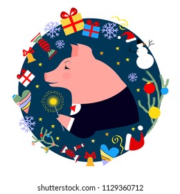 Pig - symbol of chinese new year 2019. Piggy with bengal light and elements around it. Cute christmas card.