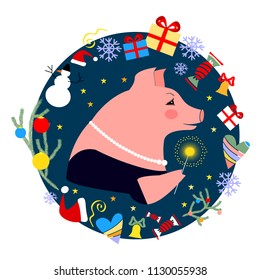 Pig - symbol of chinese new year 2019. Pig with bengal light in frame of holiday elements. Cute christmas card.