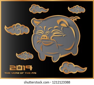 The pig, symbol of the new 2019 year, abstract Asian style, paper cut, vector illustration