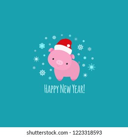 Pig symbol of year 2019 animal sign, little piglet cute funny cartoon character with Santa’s red hat, snowflakes, text happy new year, for banner, greeting card, surface print, on green background.