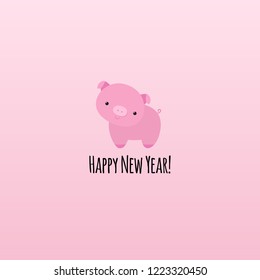 Pig symbol of year 2019 animal sign, little piggy cute funny character, cartoon flat style, minimalist design, text happy new year, for banner, greeting card, surface print, on soft pink background.