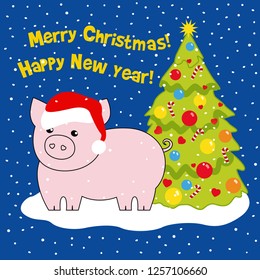 The pig is the symbol of the year in the hat of Santa near the Christmas tree. Drawing, vector illustration. Christmas card.