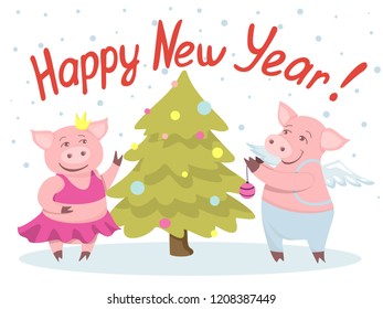 Pig is the symbol of the year. New Year 2019 on the Chinese calendar. Christmas card pig with Christmas tree.