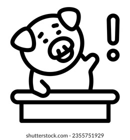 Pig at the table exclaims line icon, cute animals concept, piggy with exclamation mark vector sign on white background, outline style icon for mobile concept and web design. Vector graphics