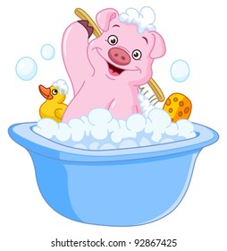 Pig taking a bath