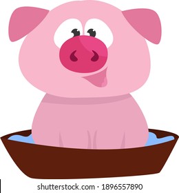 Pig taking a bath, illustration, vector on a white background.