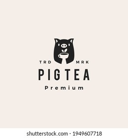 pig tea hipster vintage logo vector icon illustration