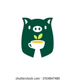 Pig Tea Leaf Cup Drink Logo Vector Icon Illustration