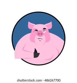 Pig thumbs up well and winks. Signs all right. Cheerful boar. Hand showing ok. Gesture of arm. Good farm animals