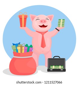 A pig in a tie in one hand holds a gift in the other hand a bundle of money. Funny pig with gifts in their hands.