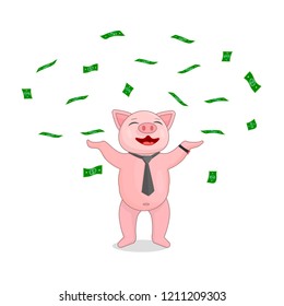A pig in a tie and with a watch is scattered about with money. Joyful pig in flat style is a symbol of wealth.