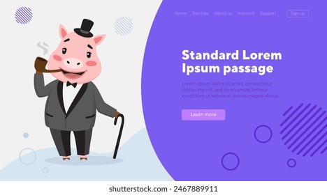 Pig in top hat and tuxedo smoking pipe. Gentleman cartoon character vector illustration. Gentleman, fashion and culture concept for banner, website design, landing page