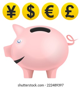 pig treasure in side view with currency coins vector isolated illustration