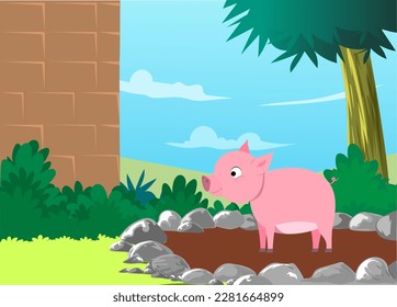 pig tree cartoon little pig vector image cute pig background character grass forest wild landscape mud 