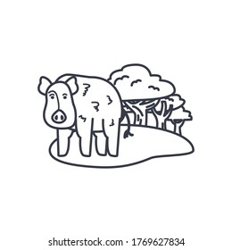 pig and trees around icon over white background, line style, vector illustration