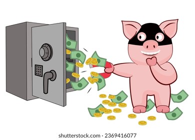 Pig trying to steal money from a safe. Vector illustration.