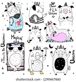 Pig Unicorn collection. Hand drawn ink magic set with pig and lettering. Design for t shirts, bags,  posters, prints
