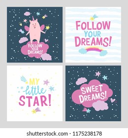 Pig unicorn and quotes cards set