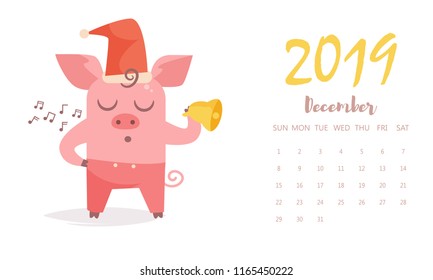 Pig Vector. Cartoon. Isolated art on white background. Flat New year, December 2019 calendar