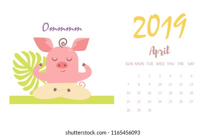 Pig Vector. Cartoon. Isolated art on white background. Flat April calendar 2019