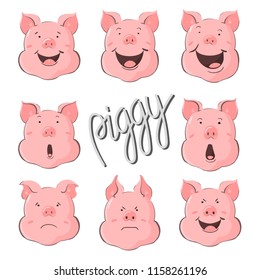 Pig vector character constructor of emotions. Portrait of a pig set. Piglet head with emotion. Cute piggy happy laughter, sad and angry. Zodiac symbol 2019.