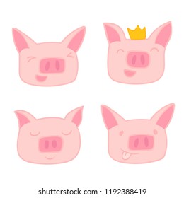 Pig vector character emotions. Cute happy piggy with crown. Cute smile piggy gift card. Symbol of the year in the Chinese calendar.
