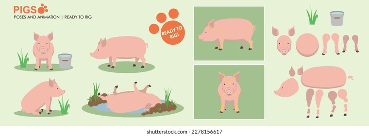 Carácter de vector de cerdo listo para la animación y la plataforma. Colección de animales de granja múltiples poses, personaje de caricatura de lechón.