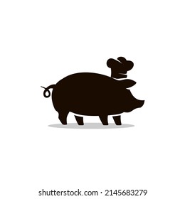 pig vector. pig with chef hat silhouette Illustration vector icon design