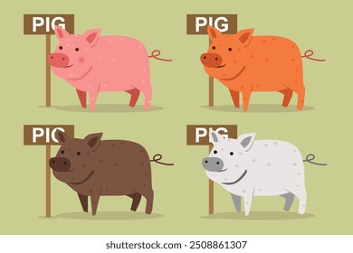 Pig vector flat illustration in various colors